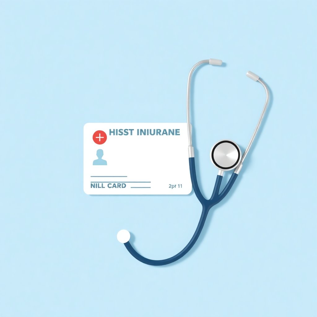 Clean, modern flat illustration of a medical insurance card and a stethoscope on a soft blue background, representing professional healthcare coverage.